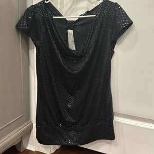 Women’s, black short sleeved, sequined shirt. Backless.